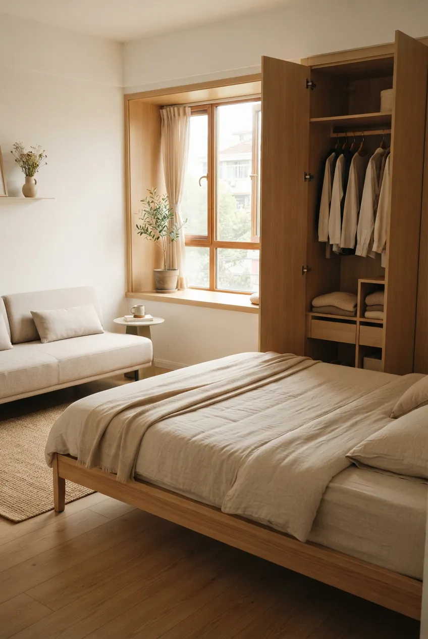 a2-2-slim-bed-frame-beside-open-wardrobe