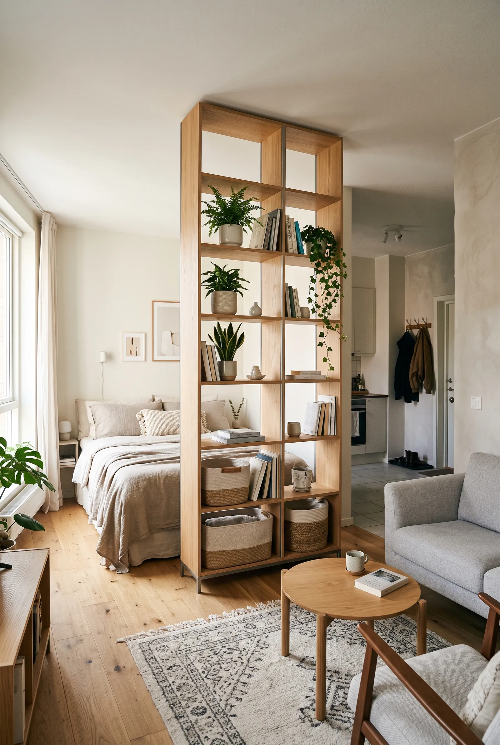 b3-5-studio-apartment-bed-placement-ideas-behind-tall-bookshelf-room-divider