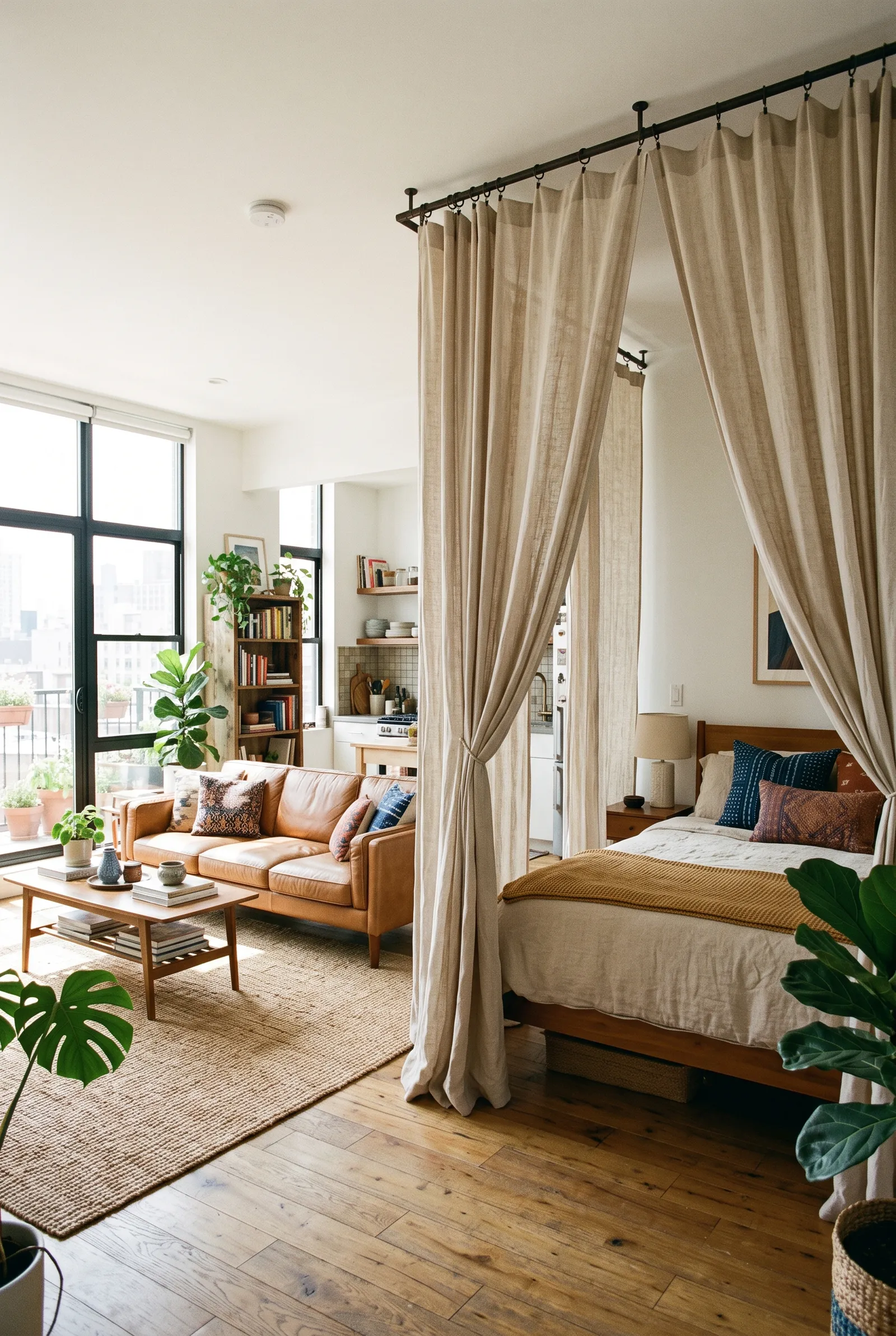 b3-6-studio-apartment-bed-placement-ideas-enclosed-with-ceiling-tracks-and-privacy-curtains