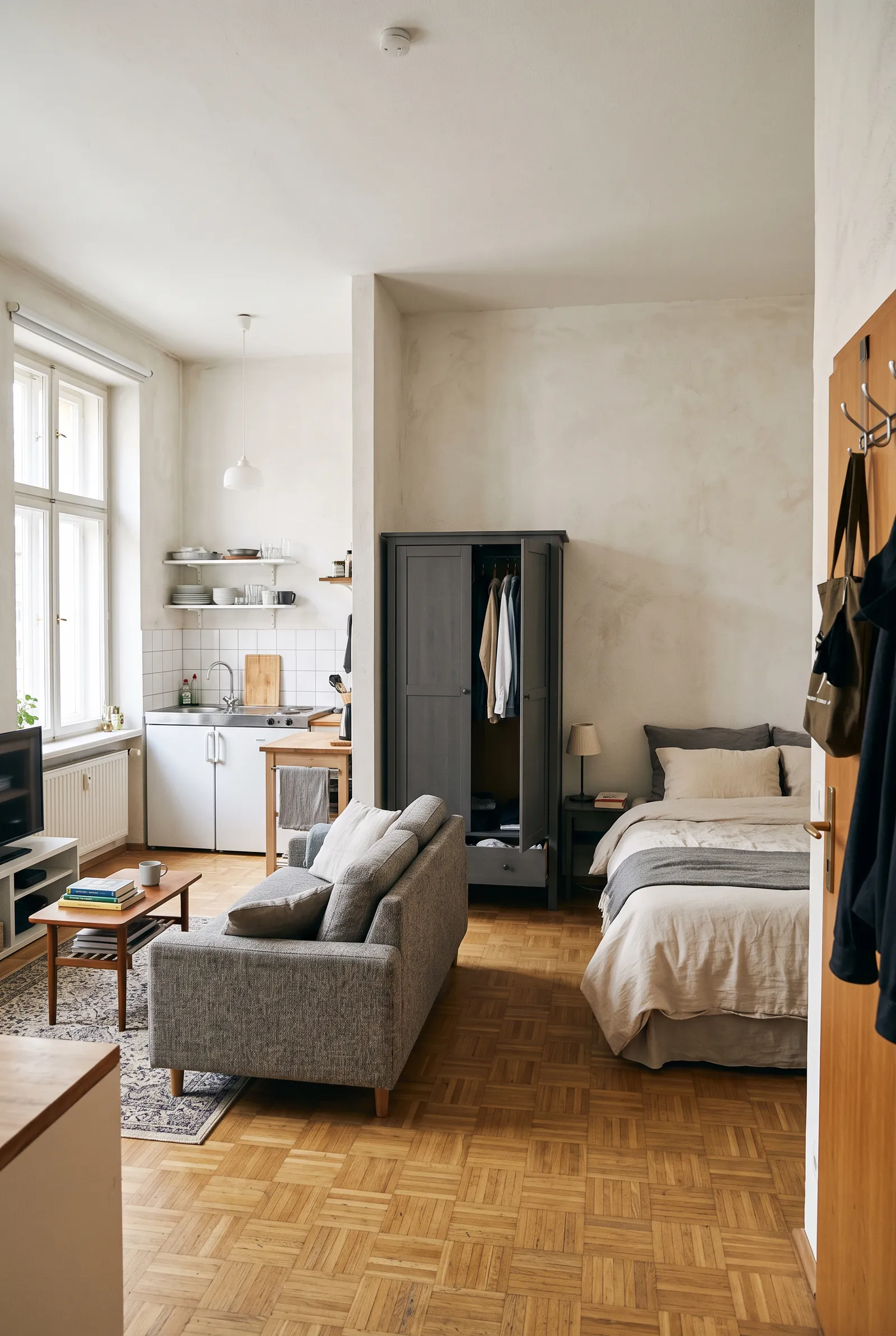 b3-8-studio-apartment-bed-placement-ideas-behind-wardrobe-closet-and-partition-wall
