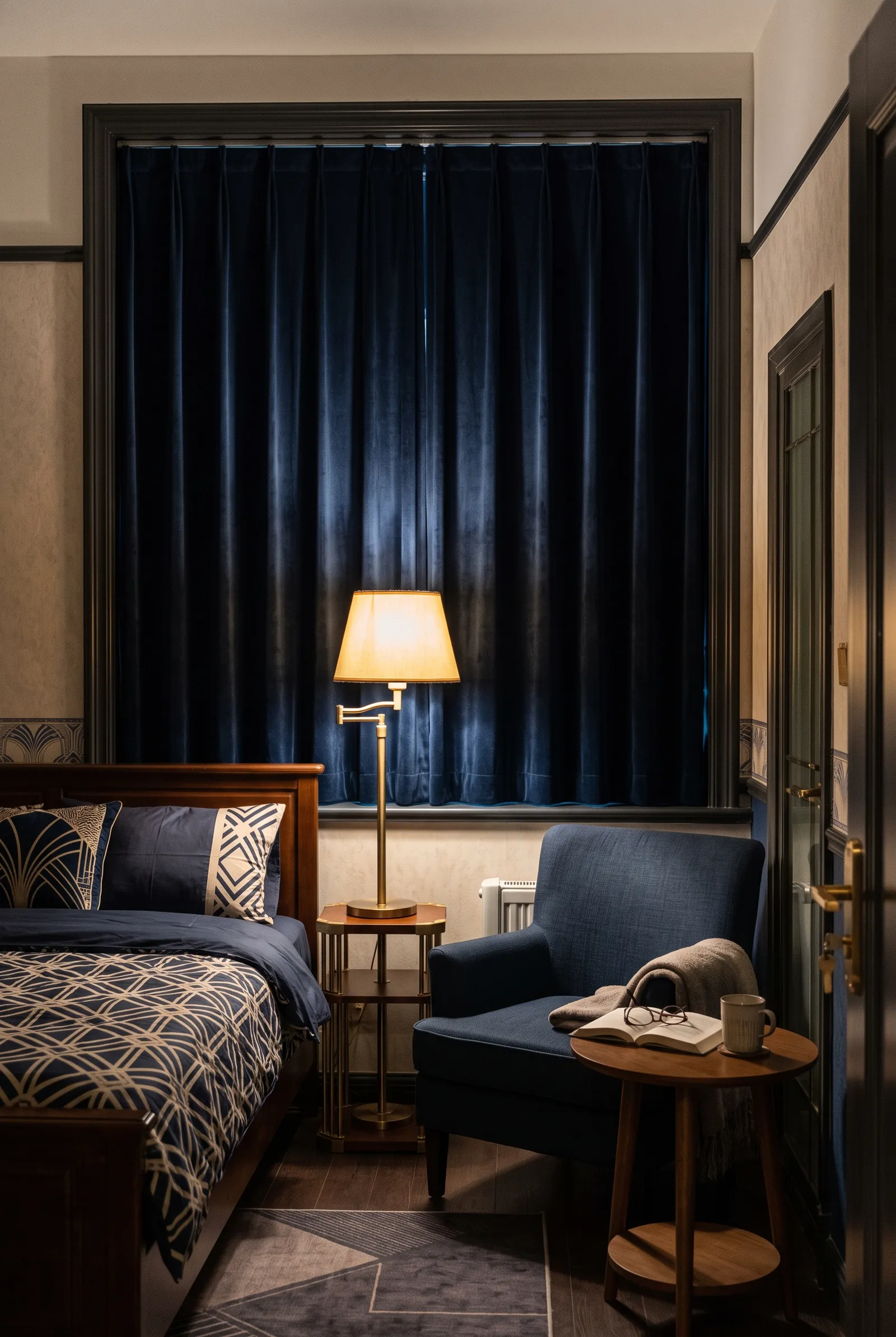 b4-7-closed-dark-curtains-with-bed-and-reading-lamp