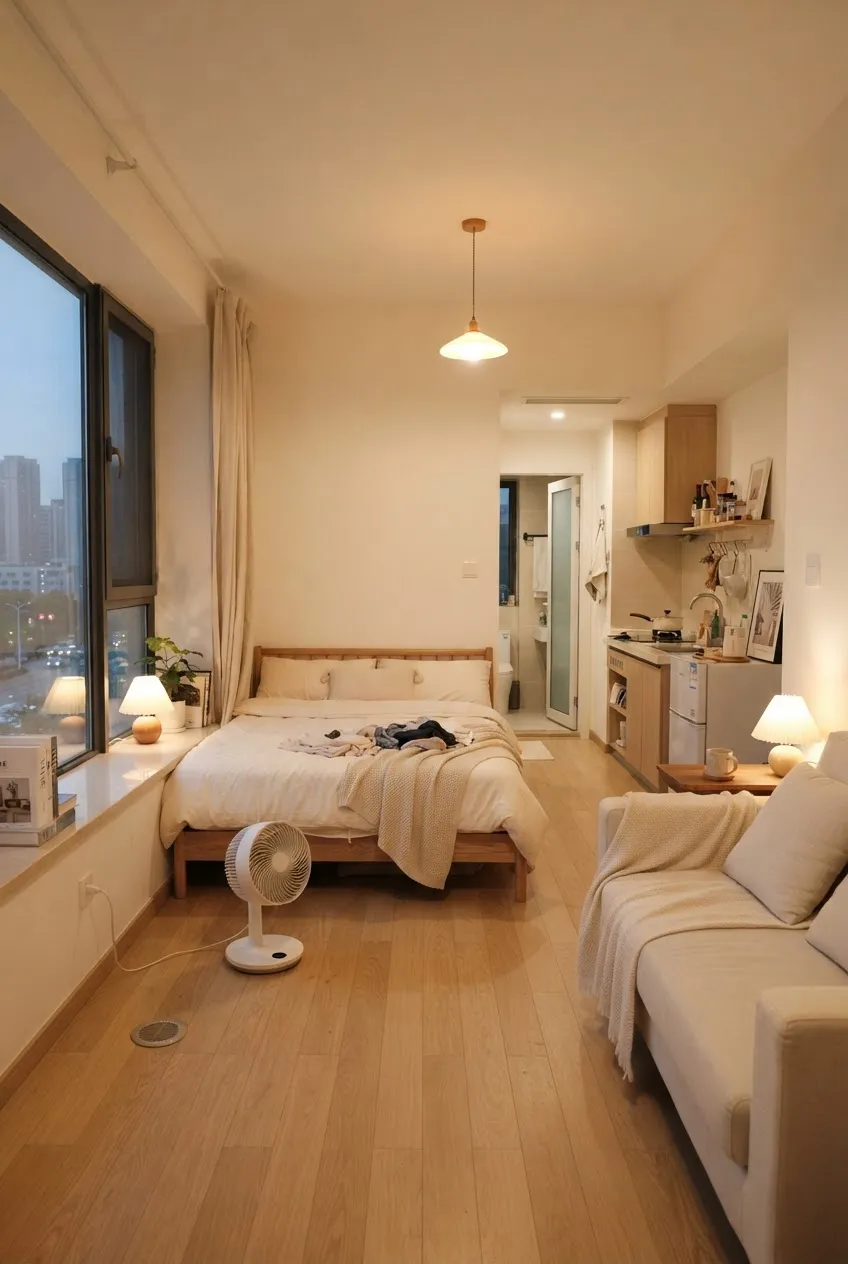 b9-10-floor-fan-near-studio-bed-and-window