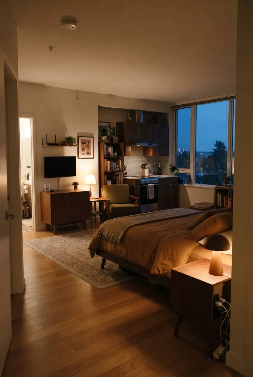 b9-3-dark-tv-screen-and-bedside-lamps-in-studio-at-dusk