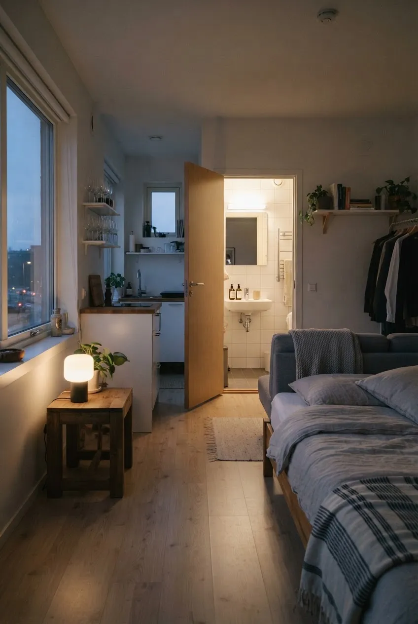 b9-5-bedside-table-lamp-and-open-bathroom-door-in-studio