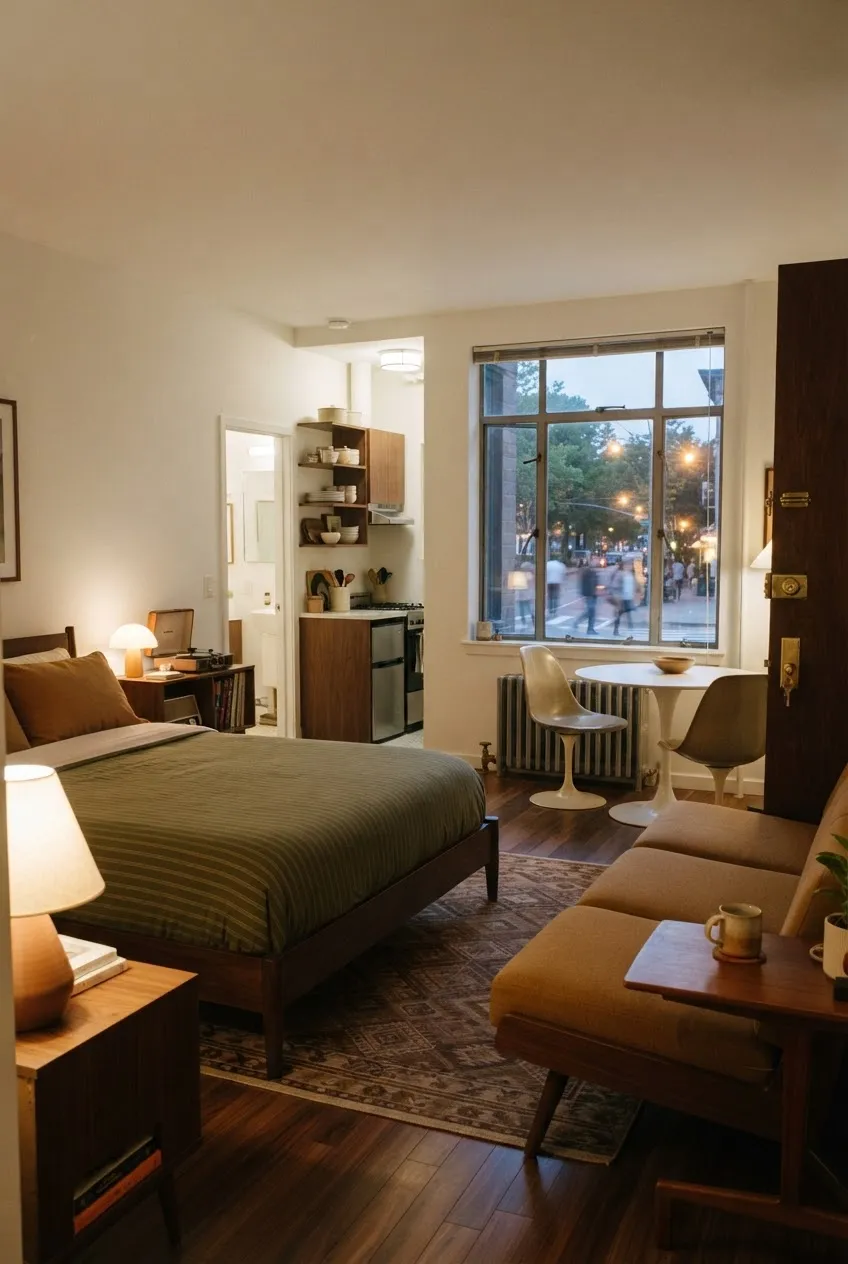 b9-6-street-facing-window-beside-studio-bed-at-dusk