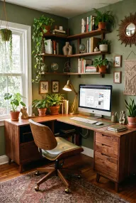 6 Green Home Office Ideas With Plants and Warm Wood Cover