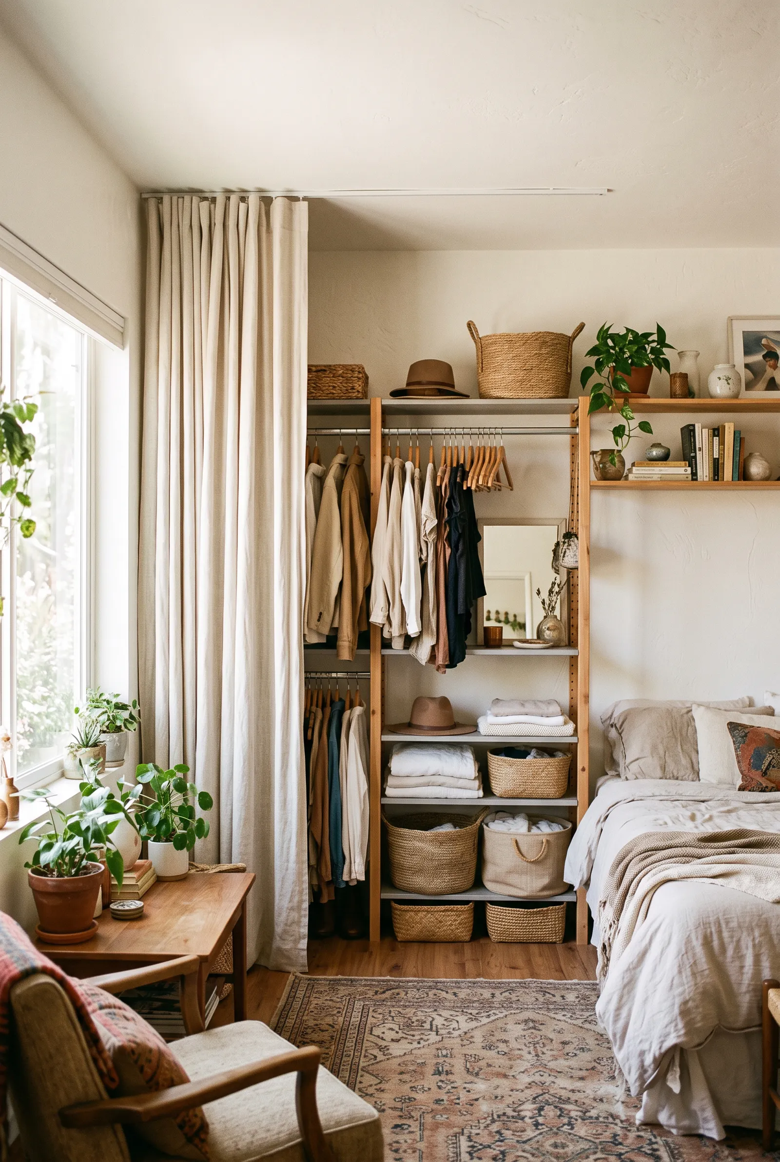 c3-3-open-closet-with-ceiling-curtain-beside-bed