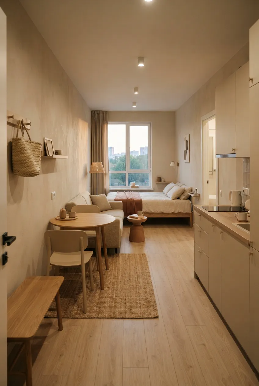c6-14-cleared-studio-table-sofa-bed-and-kitchen-at-dusk