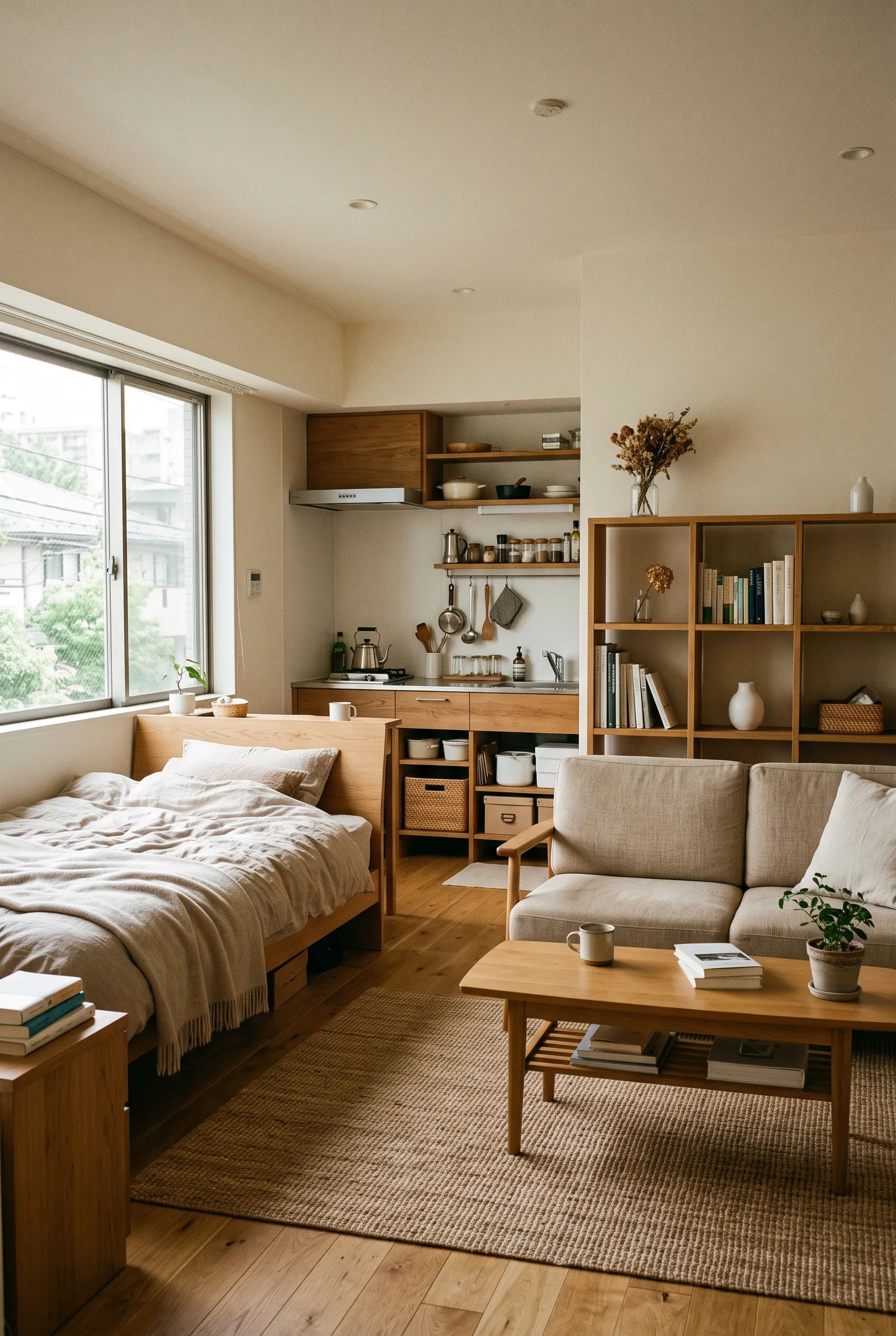 d2-8-make-studio-apartment-feel-bigger-by-using-low-bookshelves-as-room-dividers