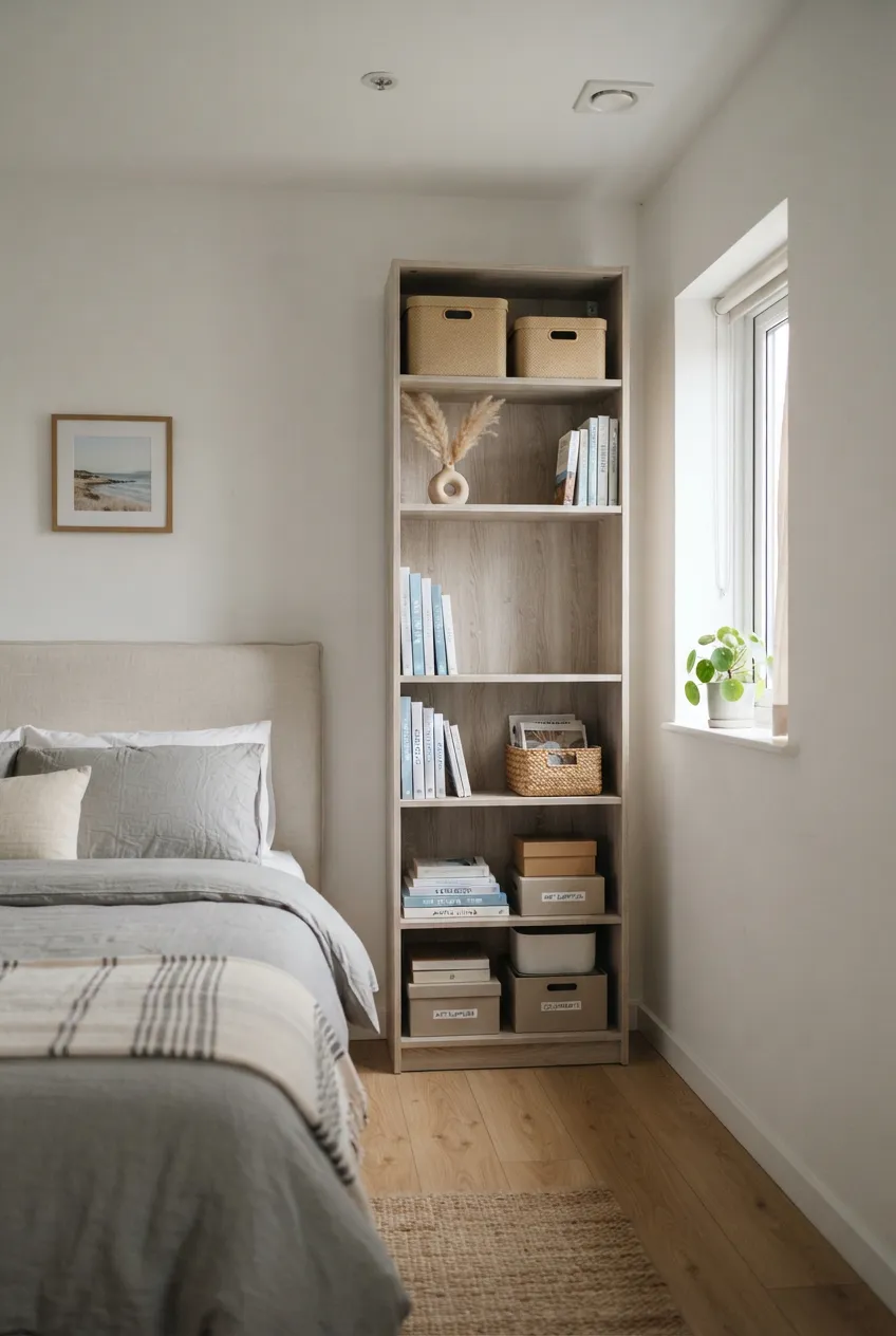 d4-6-narrow-tall-bookcase-with-books-and-bins-beside-bed