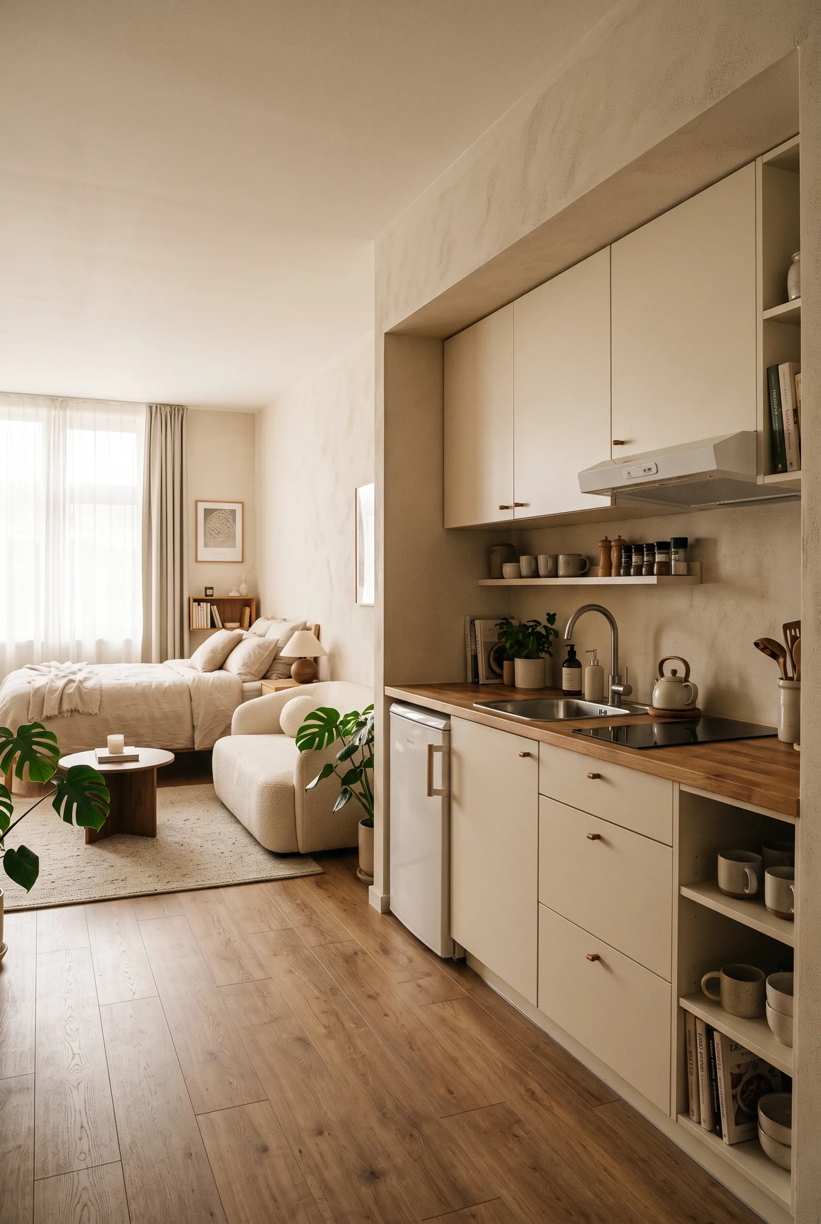 e1-1-studio-apartment-kitchen-ideas-one-wall-kitchenette-with-wood-countertop