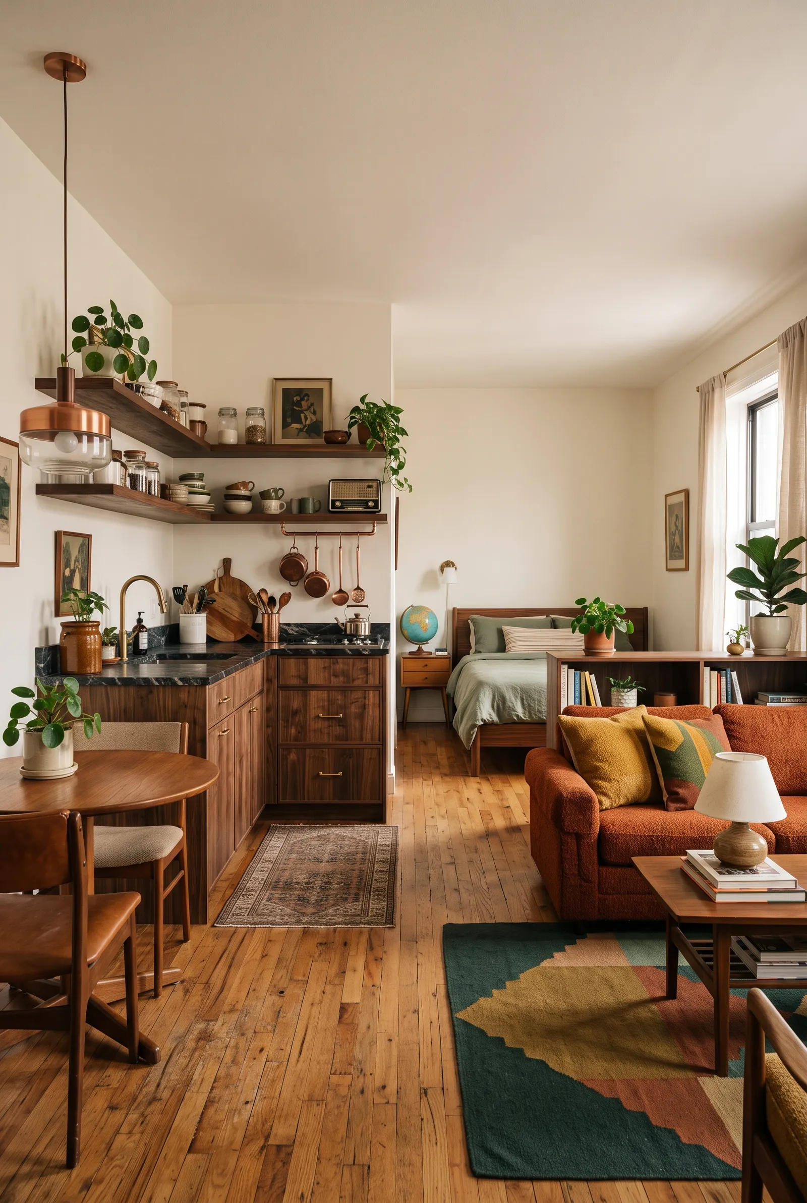 e1-10-studio-apartment-kitchen-ideas-l-shaped-dark-wood-cabinets-with-corner-floating-shelves