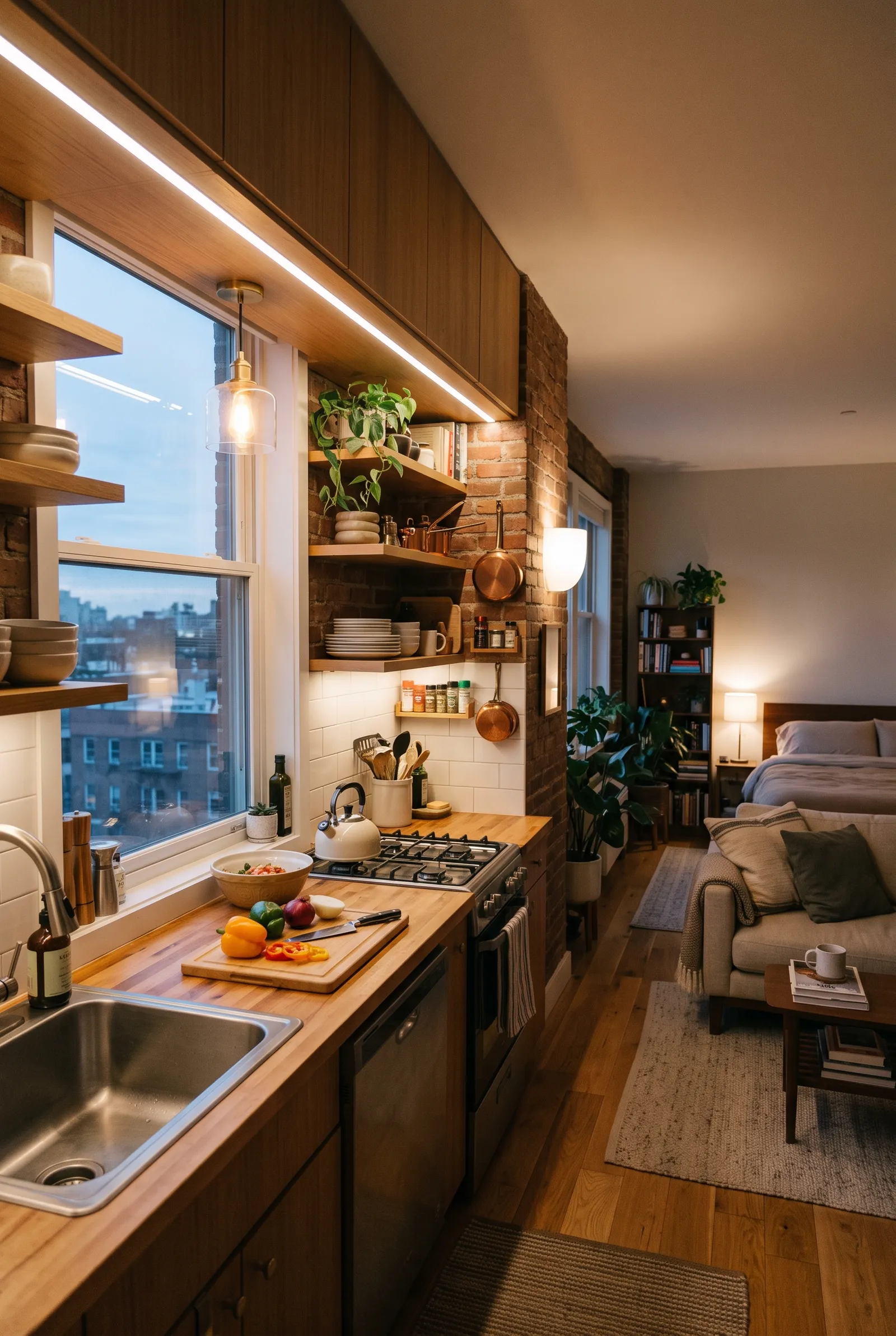 e1-11-studio-apartment-kitchen-ideas-one-wall-kitchenette-under-window-with-exposed-brick