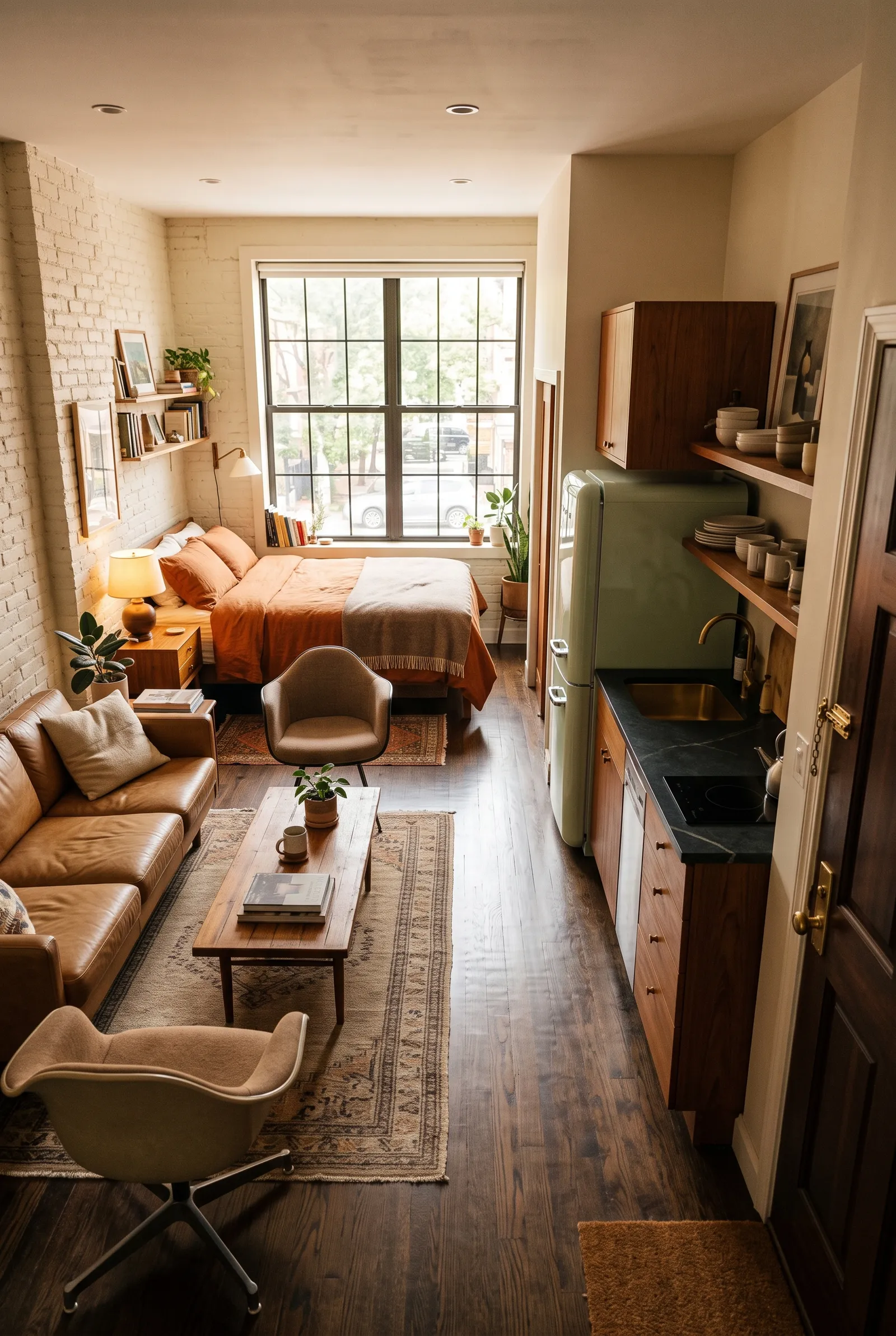e1-2-studio-apartment-kitchen-ideas-with-retro-green-refrigerator-and-dark-stone-countertop