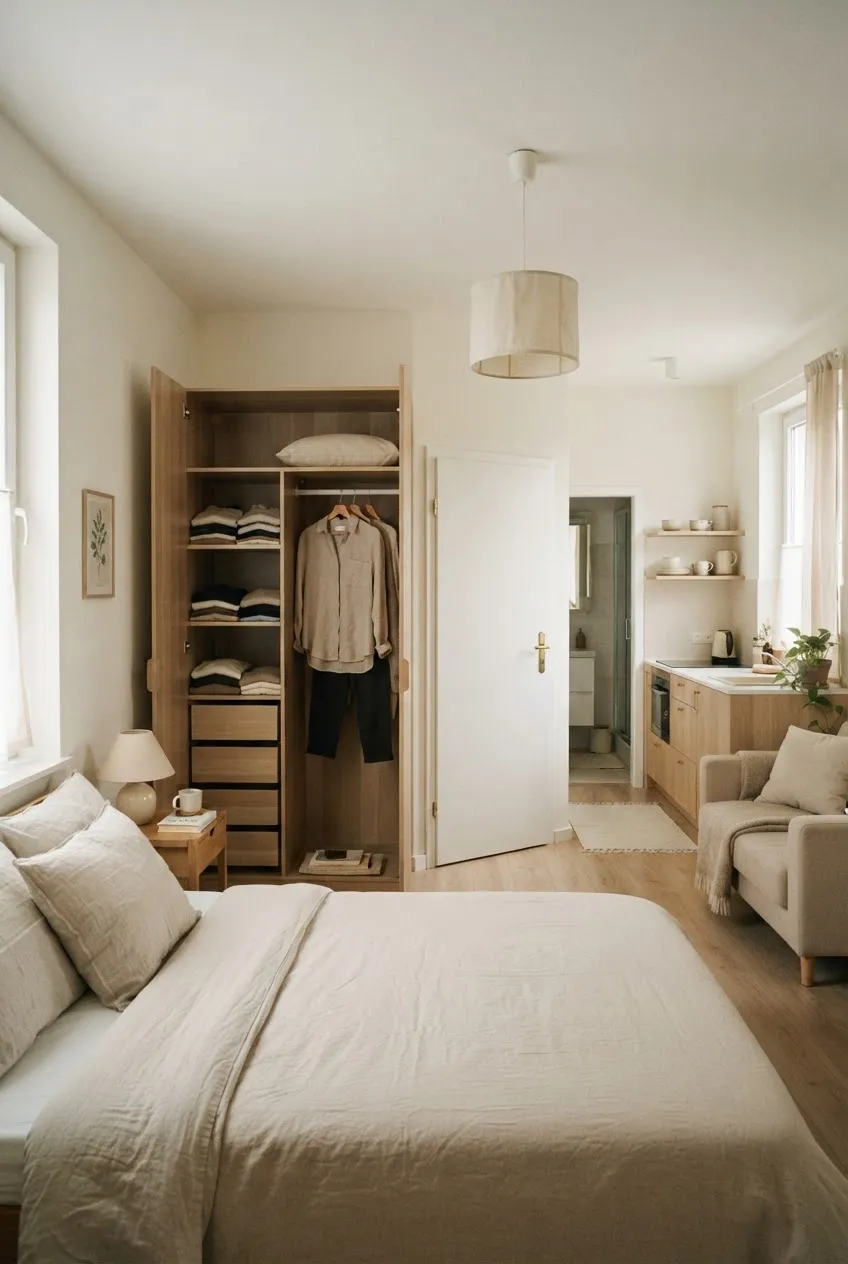 e10-11-single-outfit-hanging-in-open-wardrobe-beside-bed