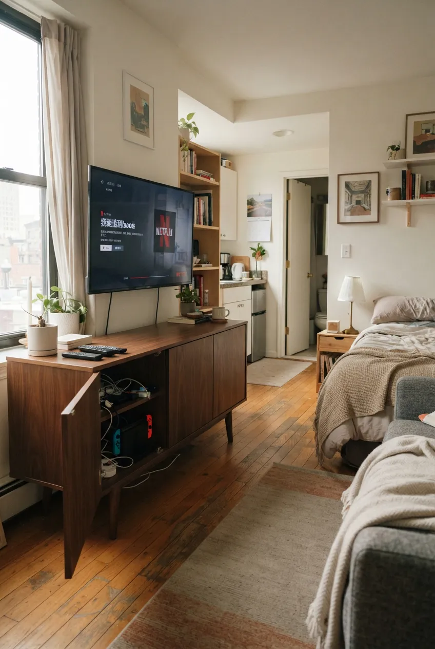 e6-8-open-media-cabinet-beneath-wall-mounted-tv