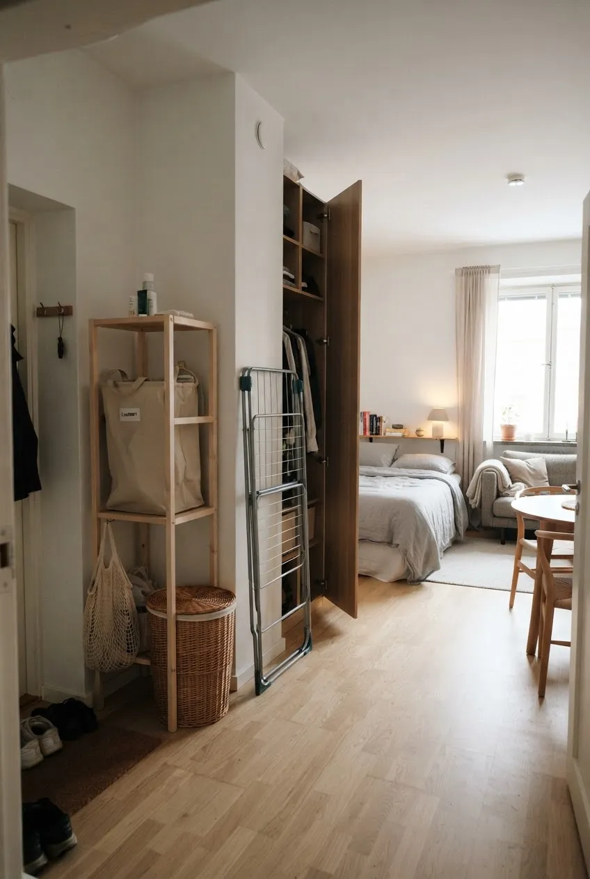 e9-10-folded-drying-rack-beside-open-wardrobe-in-studio