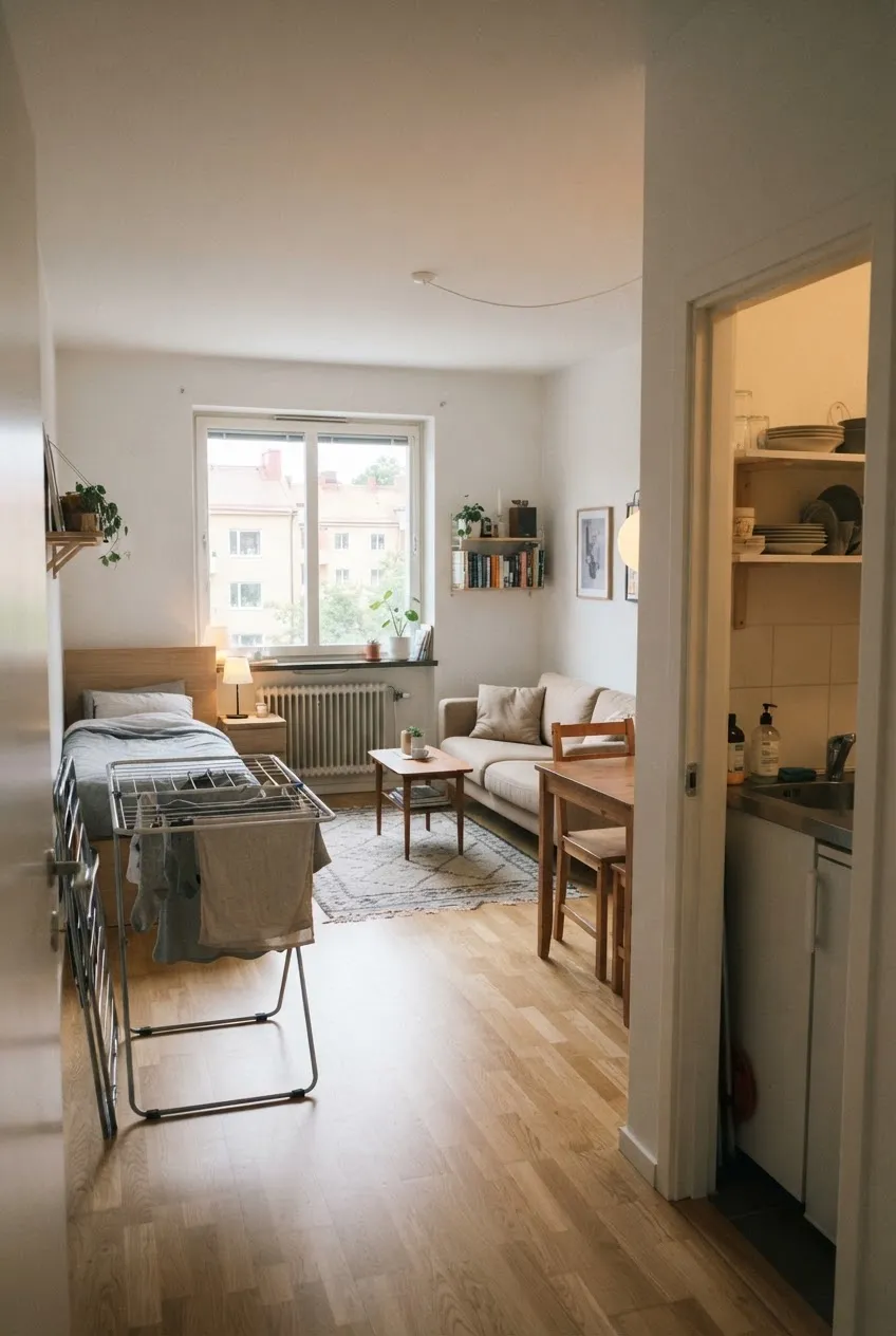 e9-7-folding-drying-rack-with-clothes-near-studio-bed