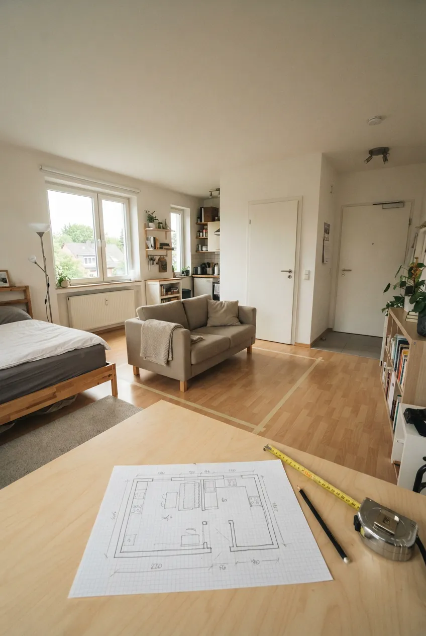 f1-1-floor-plan-on-table-in-studio-apartment